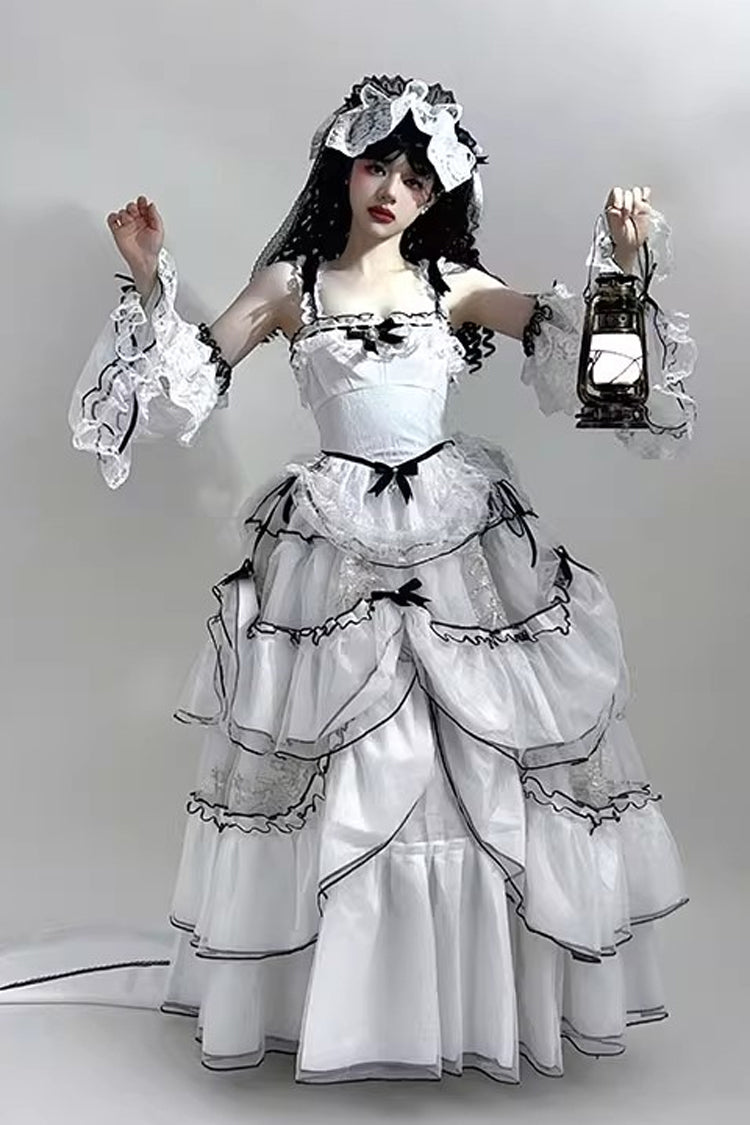 White [Cascade Poem] Sleeveless Multi-Layered Ruffle Hanayome Bowknot Lace Gothic Plus Size Gorgeous Lolita Jsk Long Dress