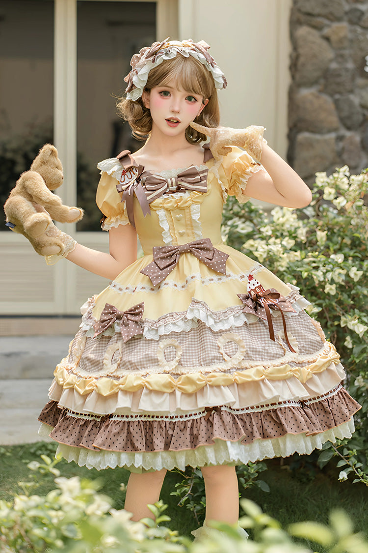 Gelb/Braun [Punktkuchen] Mehrlagiges Gedrucktes Kleid mit Rüschen und Schleife im Sweet Lolita Stil