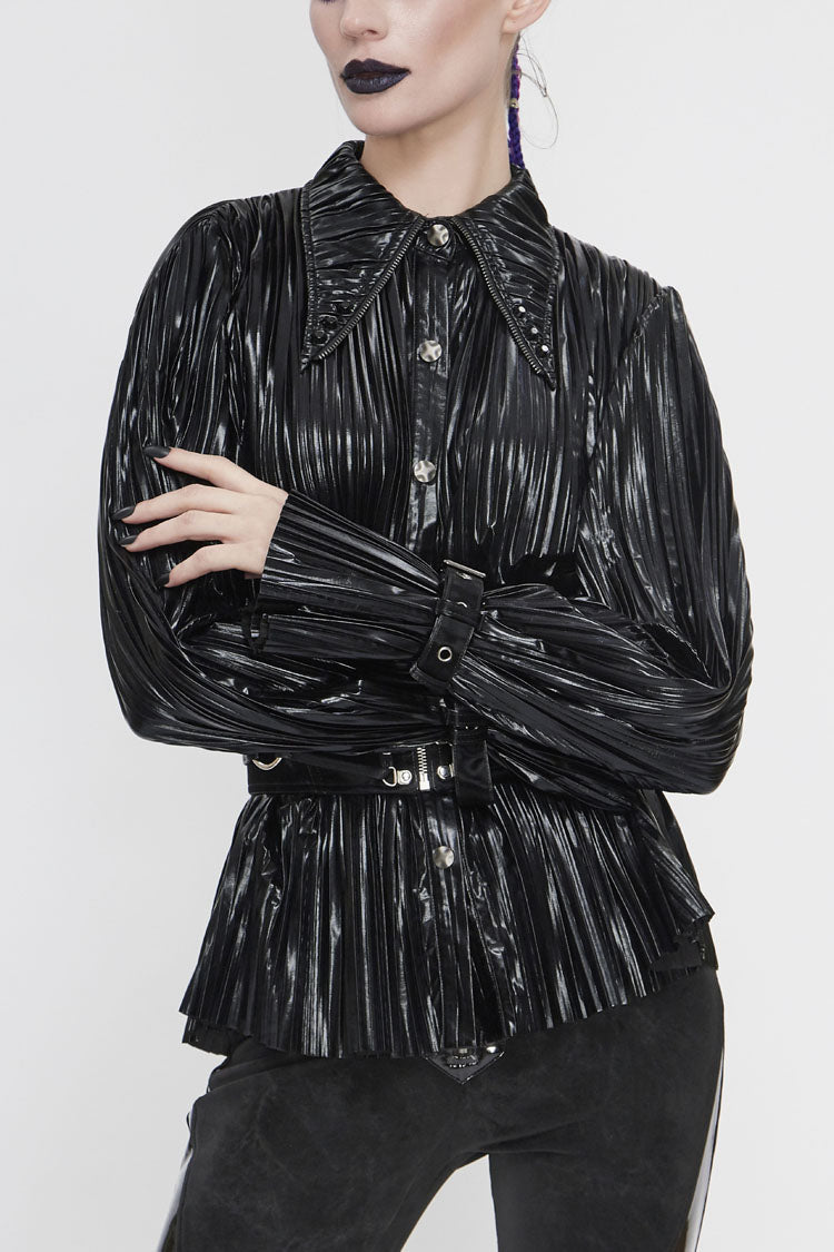Black Metal Buckles Cuff Bright Pleated Pointed Collar Leather Loops Women's Punk Blouse