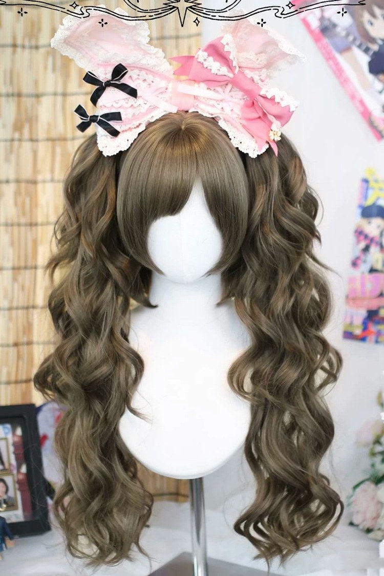 Aschbraunes süßes Lolita-Perückenset mit römischen Locken und zwei Zöpfen