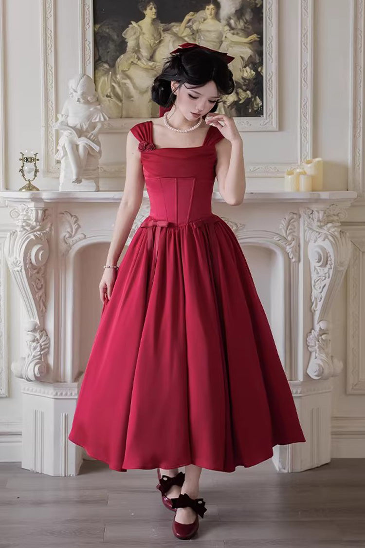 Rouge [Avec Amour] Ensemble de Robe Lolita Jsk Vintage Élégante à Col Carré sans Manches en Arête de Poisson