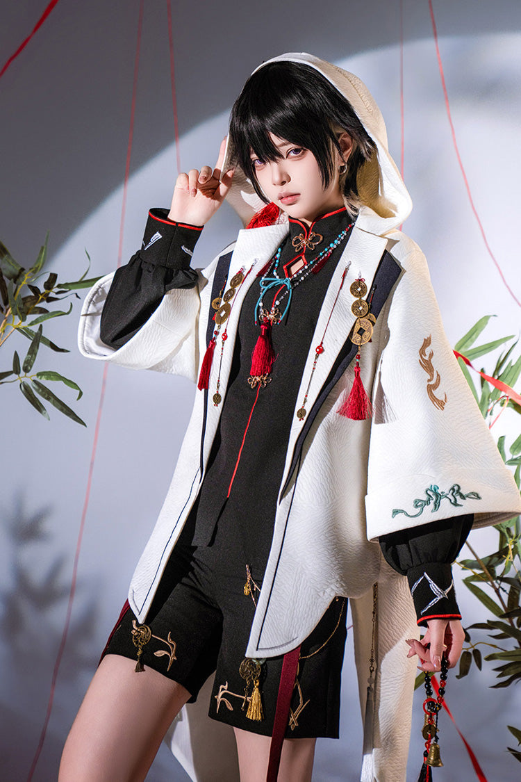 Black/White [Mountain Spirit] Long Sleeves Embroidered Hooded Classic Chinese Inspired Ouji Lolita Shorts Set