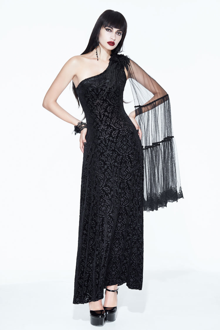 Black One Shoulder Mesh Shawl Feather Lace Decoration Velvet Long Women's Gothic Dress