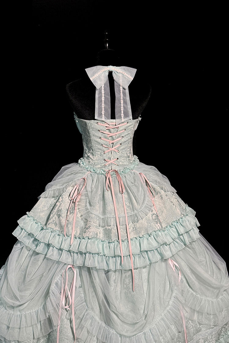 Green Cross Halterneck Ruffle Bowknot Lace Lace-Up Princess Sweet Lolita Dress