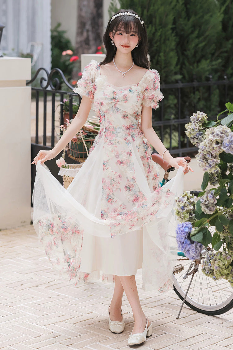 Weißes, gespleißtes, süßes Lolita-Kleid mit Blumenmuster, quadratischem Kragen, kurzen Puffärmeln, Rüschen und offener Vorderseite