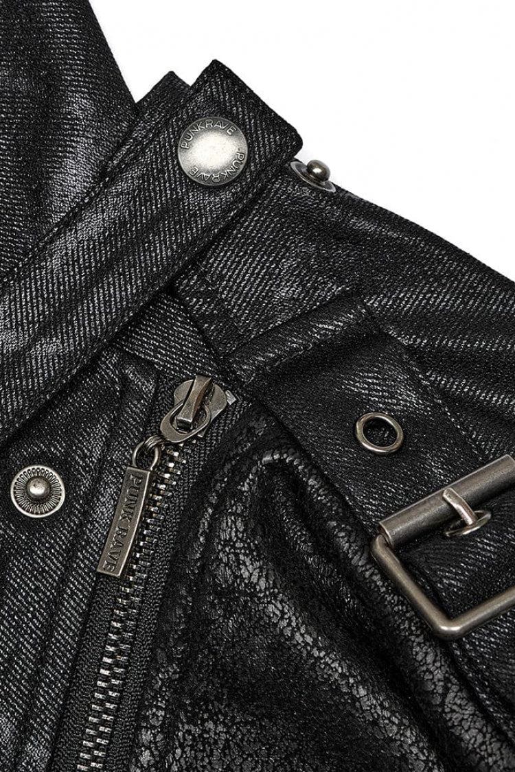 Black Crackled Mesh Hollow Stitching Hooded Mens Steampunk Coat