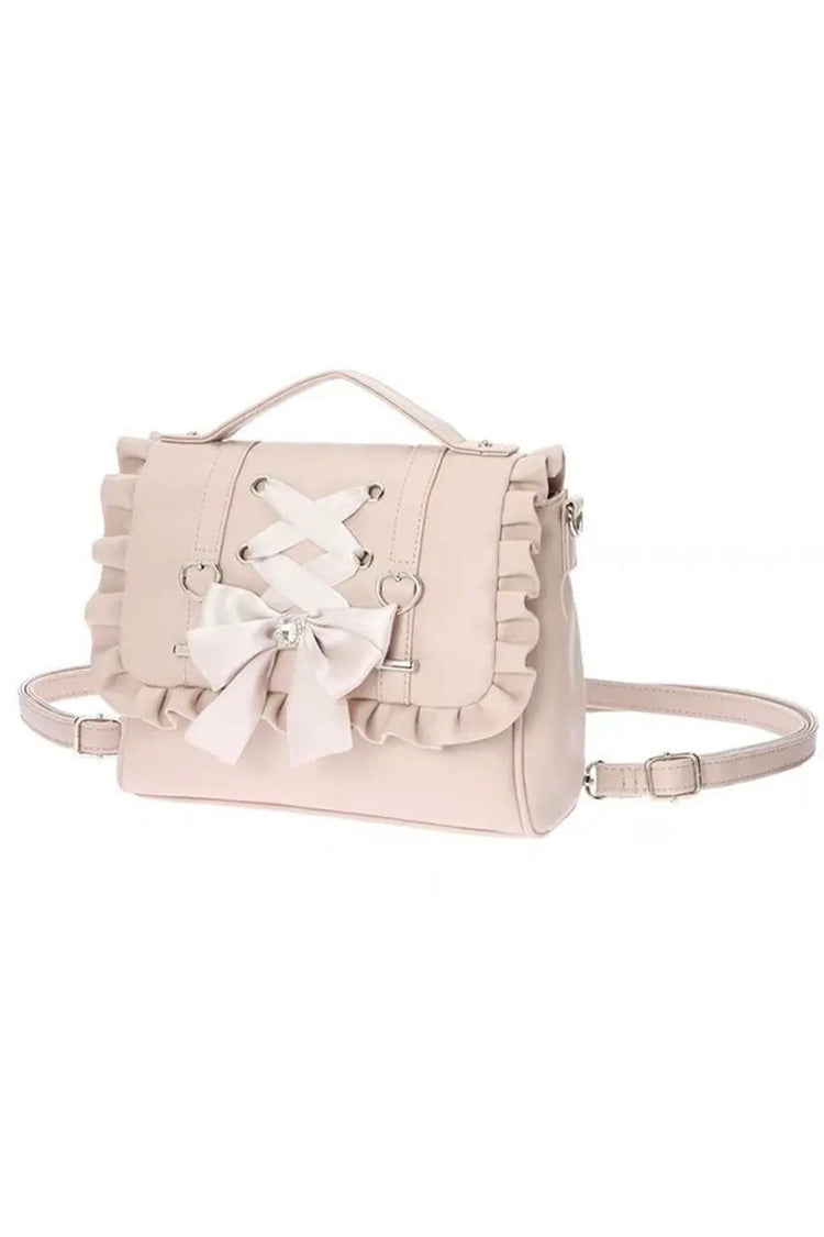 Süße Lolita-Multiway-Tasche mit Schnürung, Schleife und Rüschen, Handtasche, Umhängetasche und Rucksack, 3 Farben