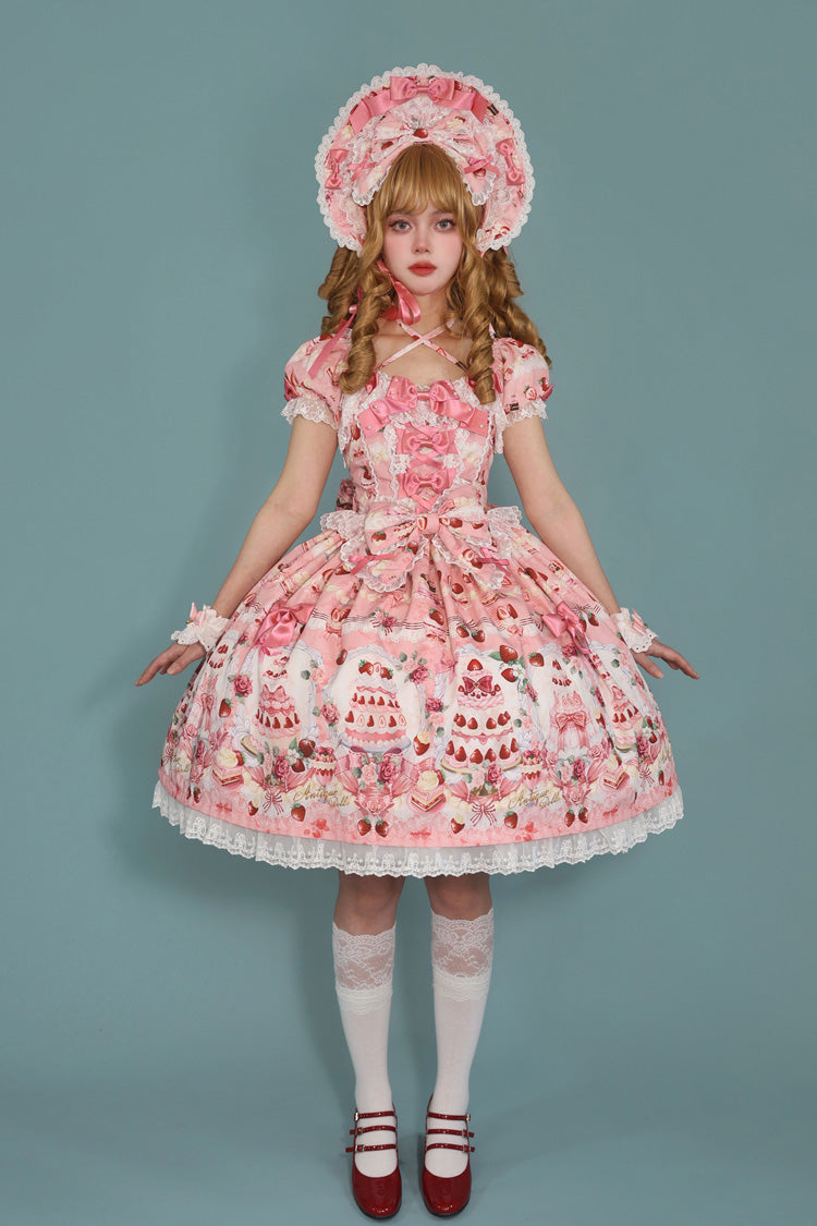 [Strawberry Cake Bouquet] Print Square Collar Short Sleeves Bowknot Lace Sweet Lolita Dress 3 Colors