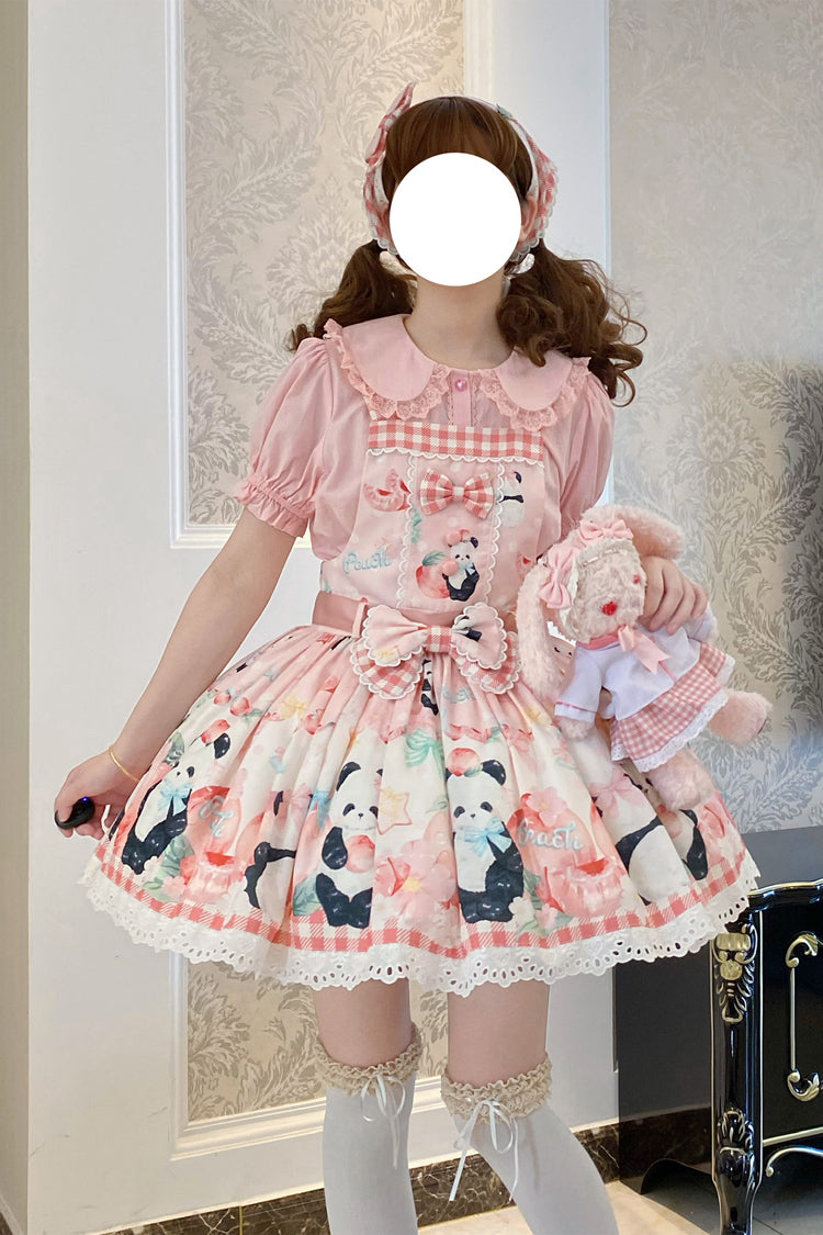 Panda Peach Print Bowknot Sweet Lolita Strap Dress 3 Colors