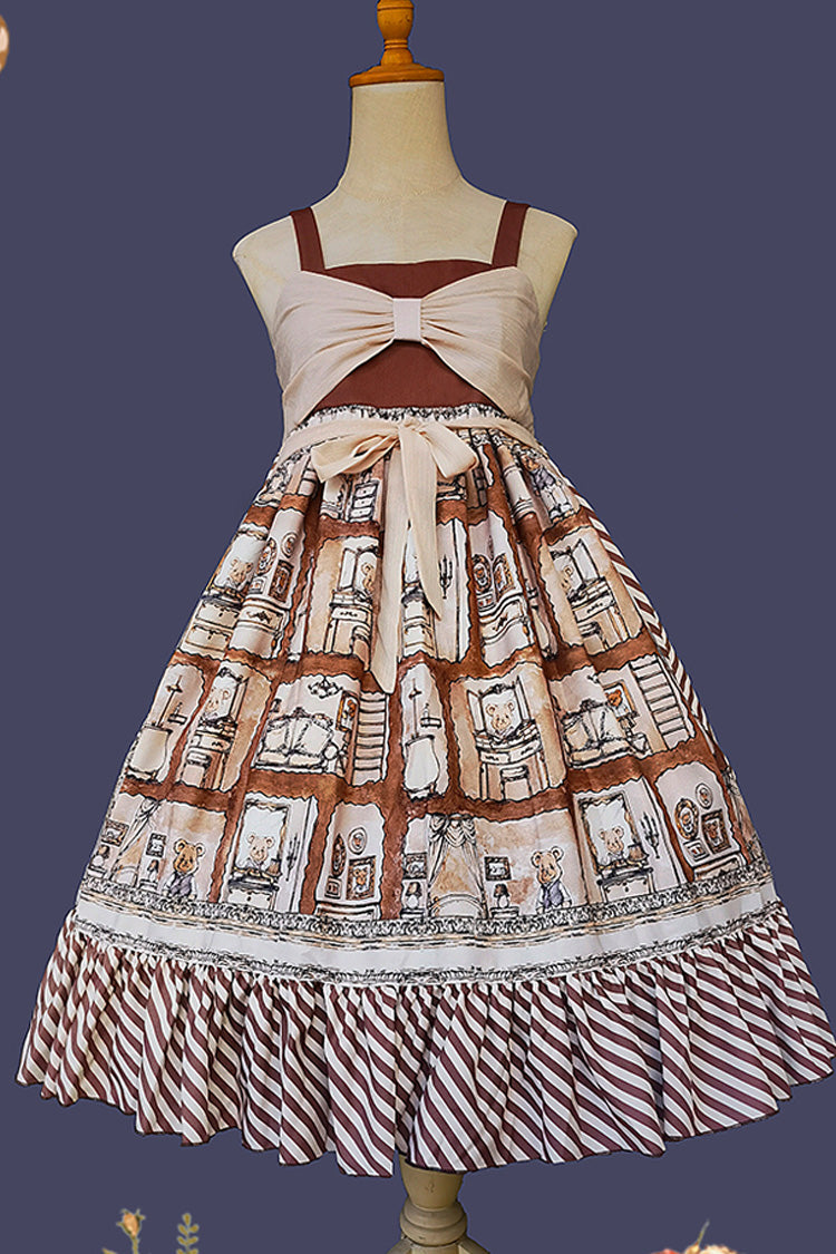 Brown [Underground Bear] Print Ruffle Bowknot Sweet Lolita Dress