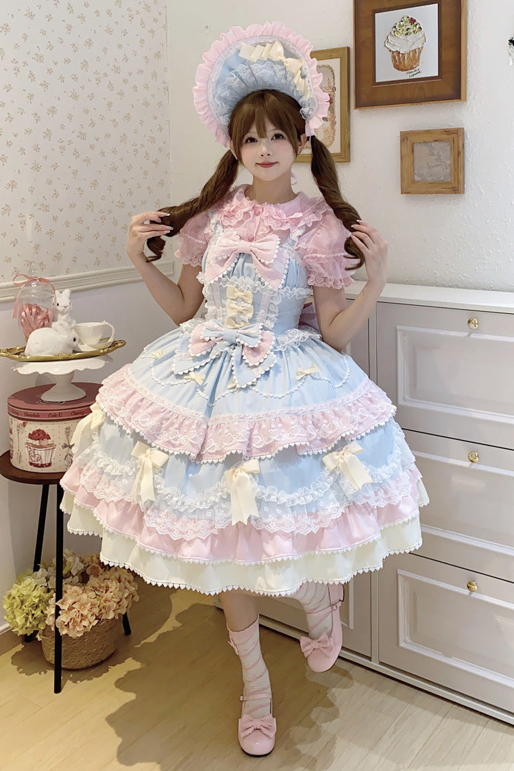 Robe Jsk Sweet Lolita en dentelle avec nœud à volants multicouches sans manches bleu/rose [gâteau fondant] 