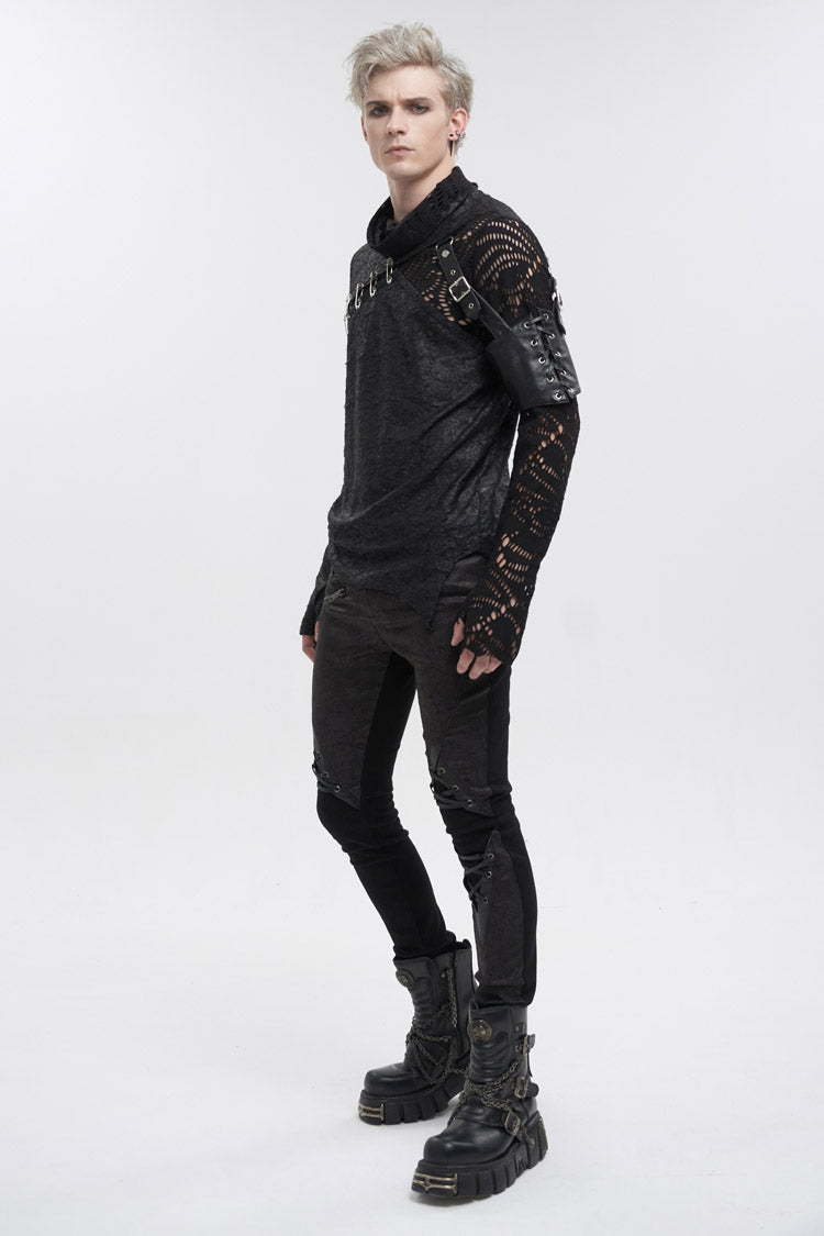 Black Fashion Printed Fabric Stitching Ripped Mesh Detachable Long Sleeve Men's Punk T-Shirt