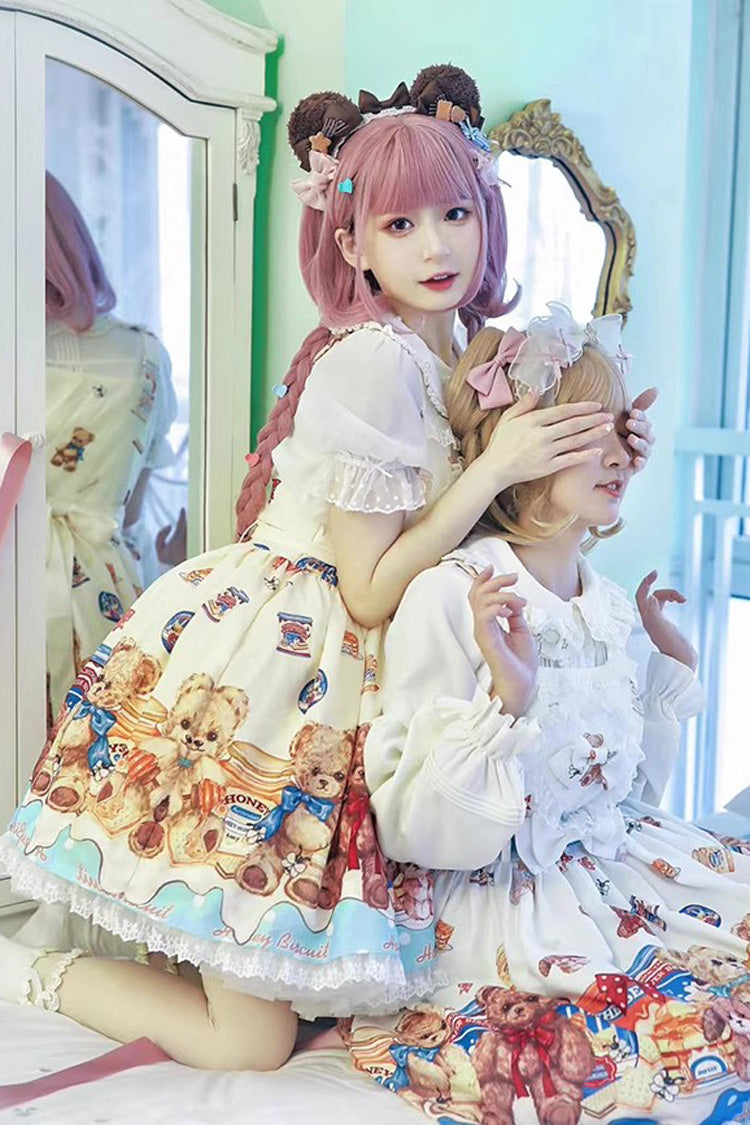 Honey Bear Cafe Print Bowknot Lace Sweet Lolita Jsk Dress 2 Colors
