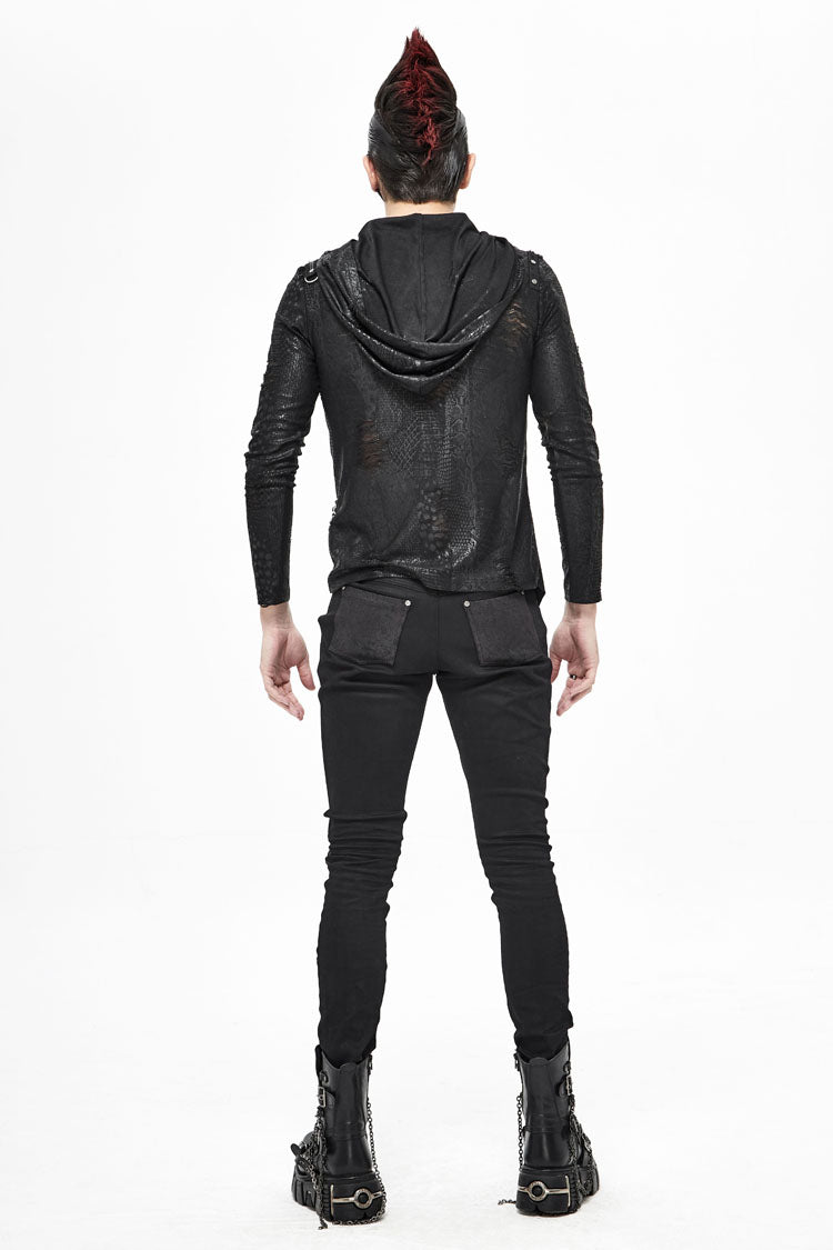 Black Broken Holes Knit Shoulder Lace-Up Irregular Hem Hooded Men's Punk T-Shirt