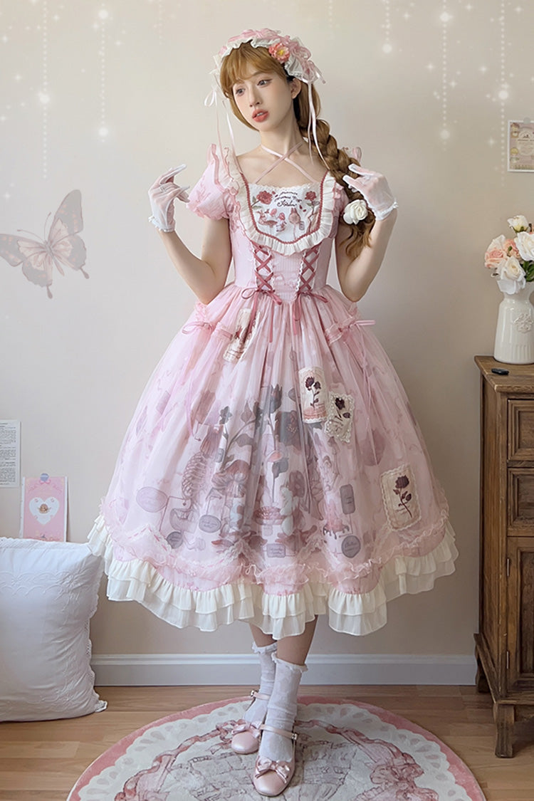 Süßes Lolita-Kleid mit rosa Kaninchen-Print, quadratischem Kragen, kurzen Ärmeln, Rüschen, Schleife und Spitze