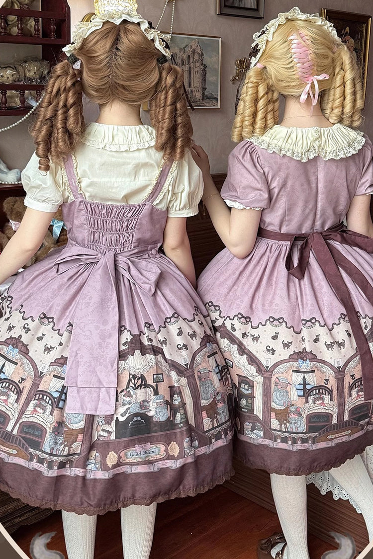 Pink/Purple Short Sleeves Bear Print Bowknot Classic Lolita Dress