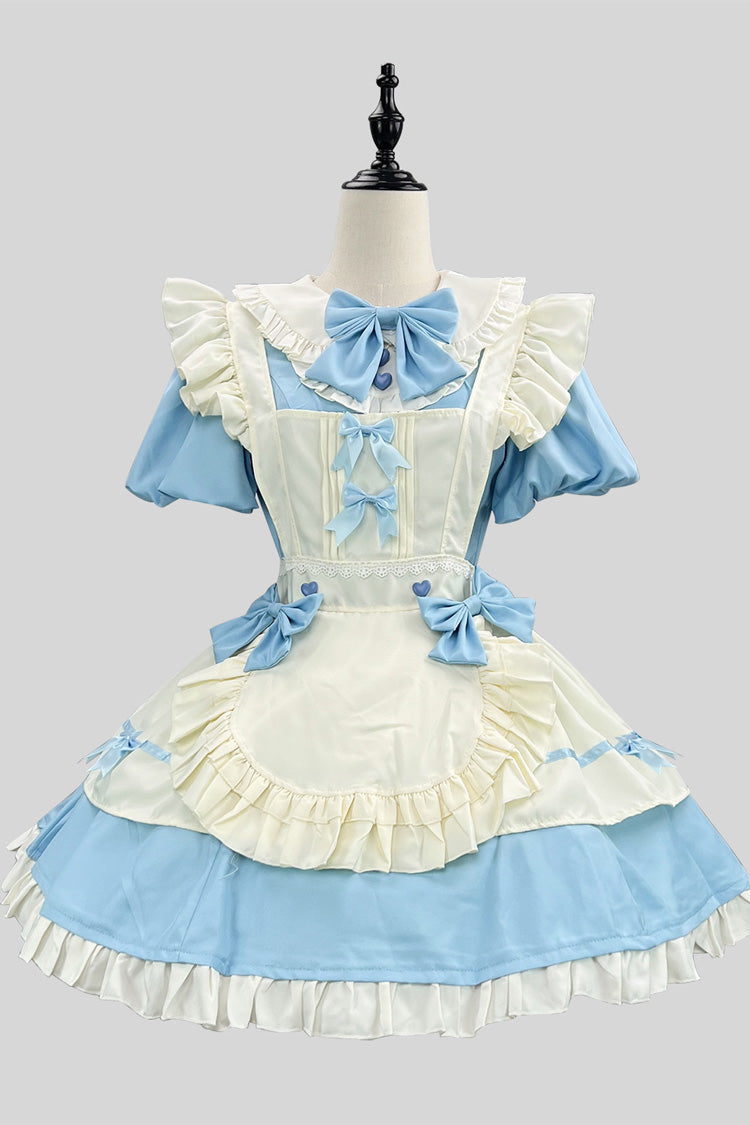 Blue/White Short Sleeves Ruffle Bowknot Lace Plus Size Sweet Maid Short Lolita Dress