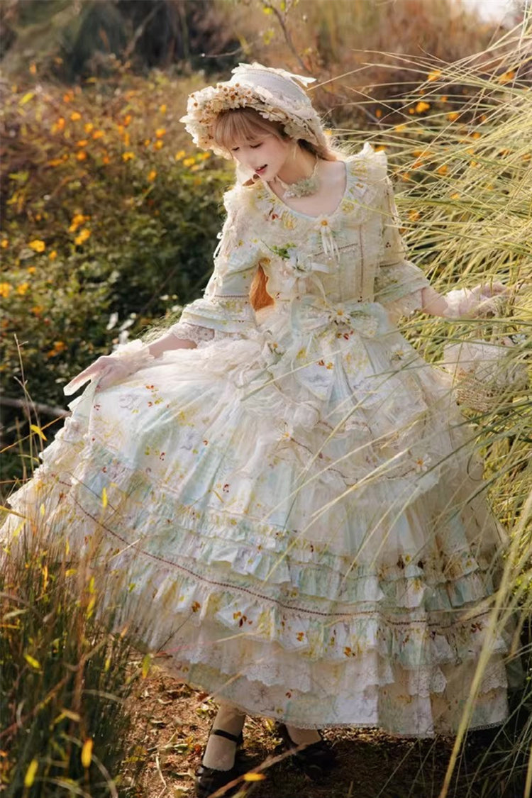 Green [Little Daisy] Lapel Collar Half Sleeves Multi-Layered Printed Bow Lace Princess Gorgeous Plus Size Sweet Lolita Dress