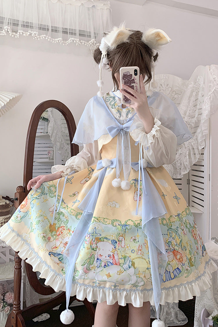 Multi-Color Fairy Rabbit Print Ruffle Bowknot Sweet Chinese Style Princess Lolita Dress