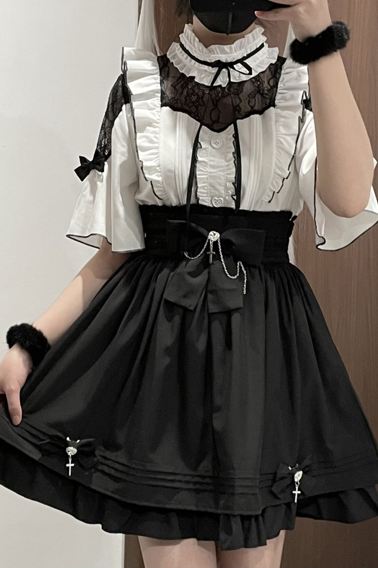 Magical Girl Short Sleeves Ruffle Embroidery Bowknot Lace Sweet Jirai Kei Lolita Set 4 Colors