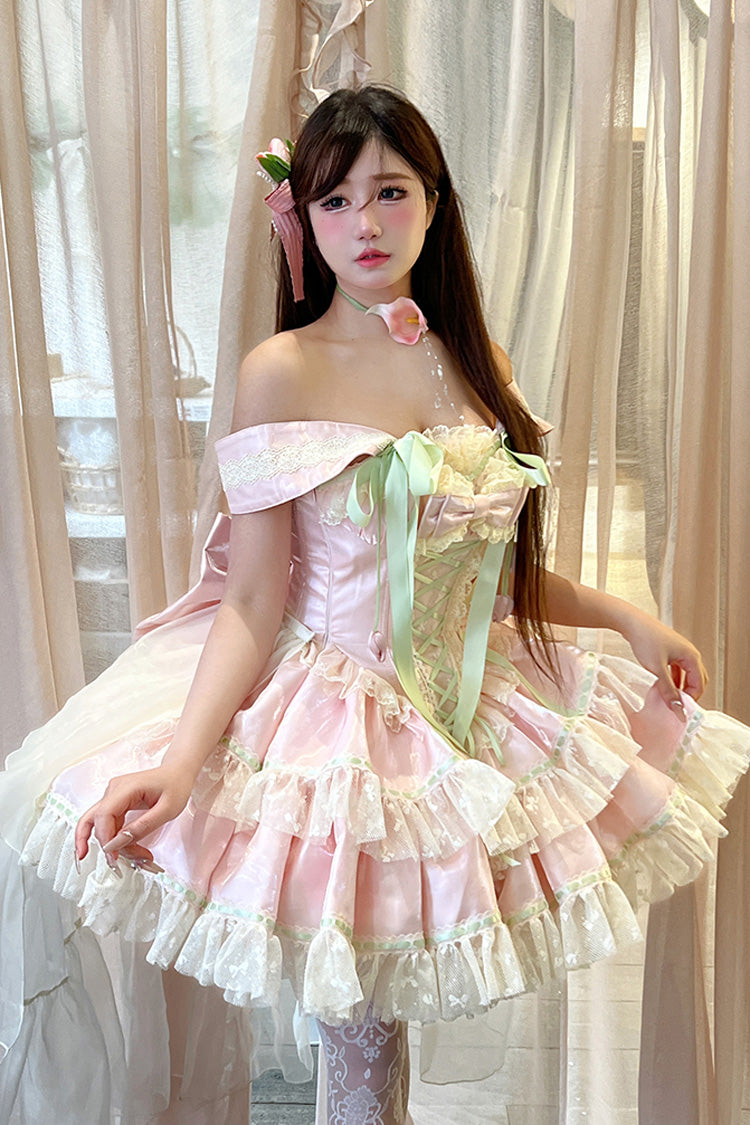 Robe Lolita Princesse Douce Romantique à Nœud Papillon en Dentelle à Lacets à Volants à Double Couche avec Encolure Bateau [Tulip Love Song] Rose 