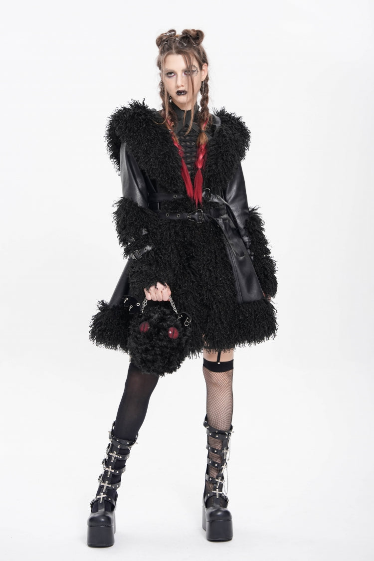 Black Long Sleeves Plush Stitching Buckle Hooded Straps Women's Punk Coat