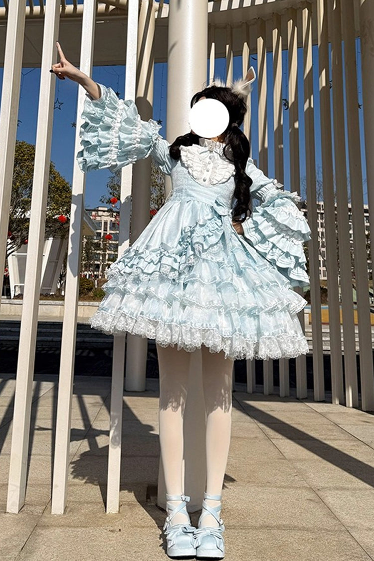 Blue [The Soloist Doll] Long Hime Sleeves Multi-Layered Print Ruffle Bowknot Asymmetric Sweet Lolita Dress