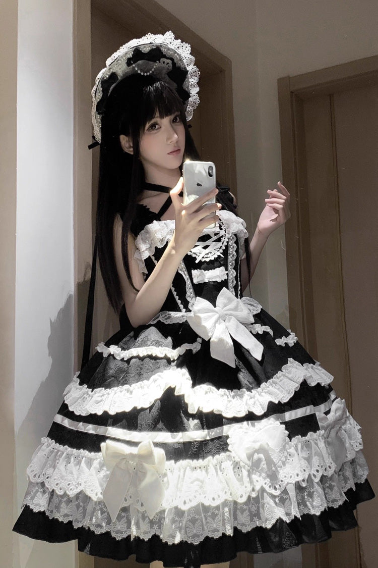 Noir/Blanc [Super Mignon Belia] Robe Lolita Jsk Élégante Gothique en Dentelle à Nœud Papillon à Volants à Trois Couches Sans Manches 