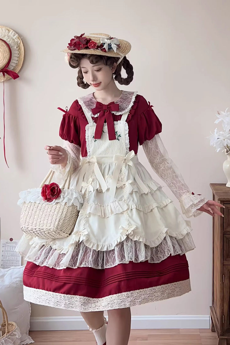 Red [Mist over Flowers Along the Path] Lapel Collar Long Sleeves Embroidery Bowknot Lace Sweet Lolita Dress