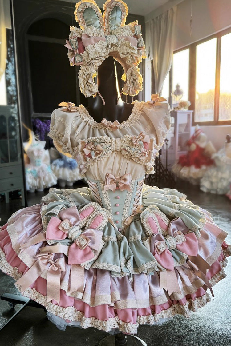 [Ribbon Dance] Multi-Layered Ruffle Bowknot Lace-Up Sweet Princess Lolita Dress 3 Colors