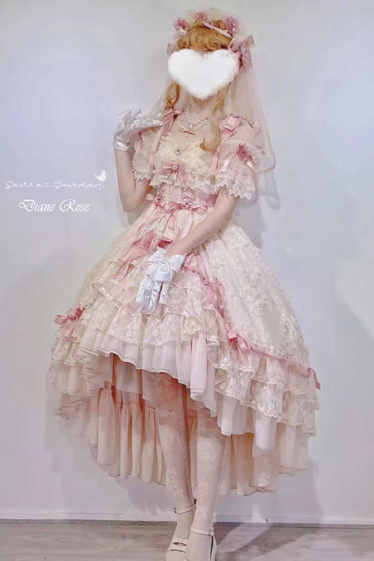 Pink [Diane Rose] Short Sleeves Multi-Layered Jacquard Ruffle Hanayome Cardigan Bowknot Lace Sweet Lolita Dress