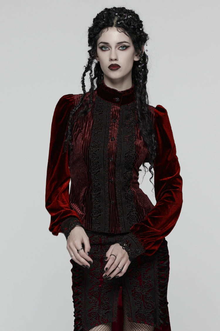 赤いスタンドカラー、長いパフスリーブ、花柄刺繍のレースアップ女性用ゴシックブラウス 