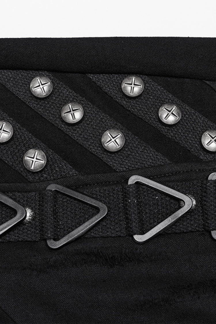 Black Triangular Stitching Mesh Buckle Women's Punk Pants