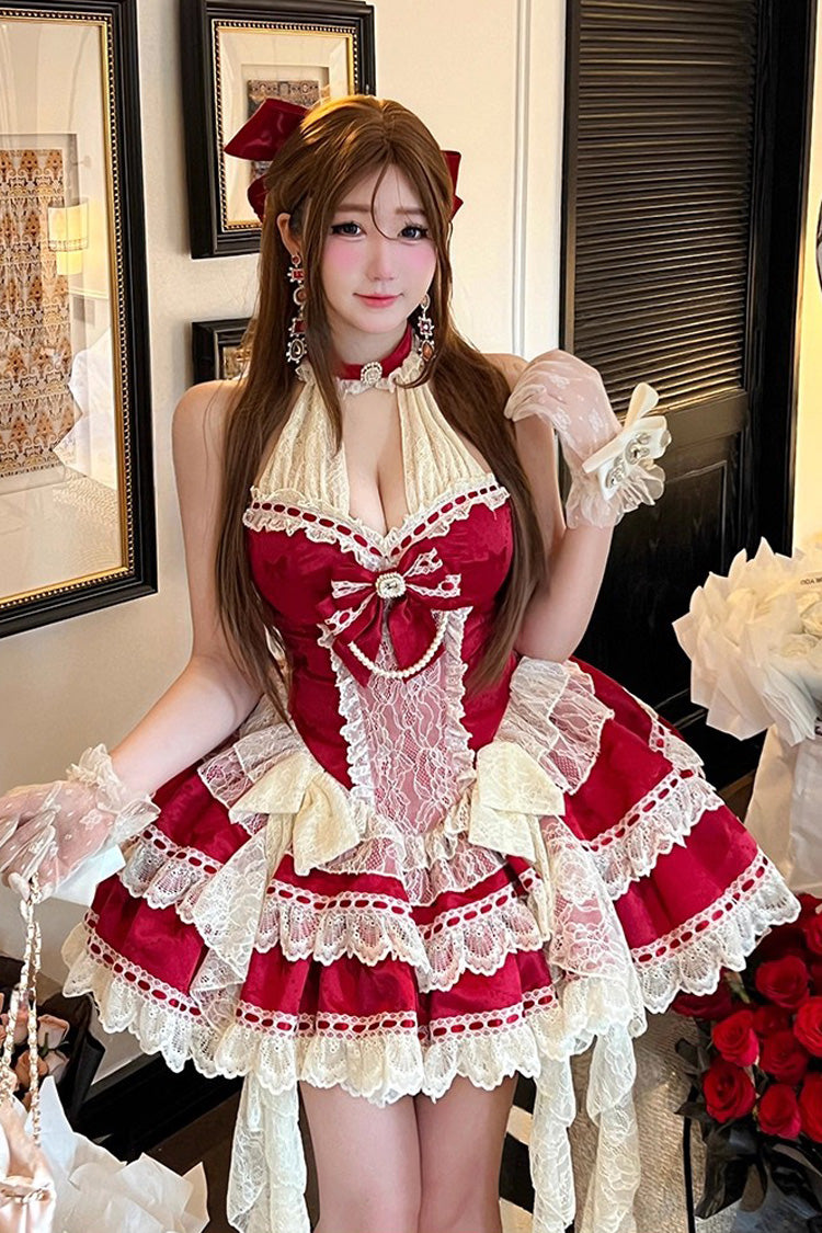 Red [Beloved Young Lady] Halterneck Sleeveless Double-Layered Ruffle Bowknot Lace Elegant Sweet Lolita Dress