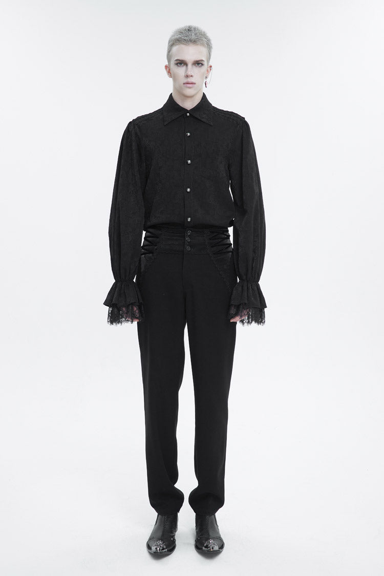 Black Lapel Collar Puff Sleeved Lace Hem Men's Gothic Shirt