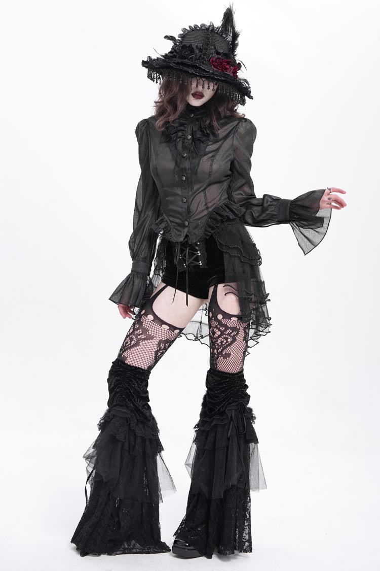 Black Ruffle Stitching Lace-Up Mesh Women's Gothic Shorts