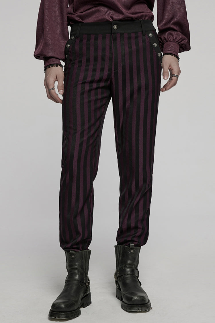Black/Red High Waisted Striped Print Men's Gothic Suit Pants