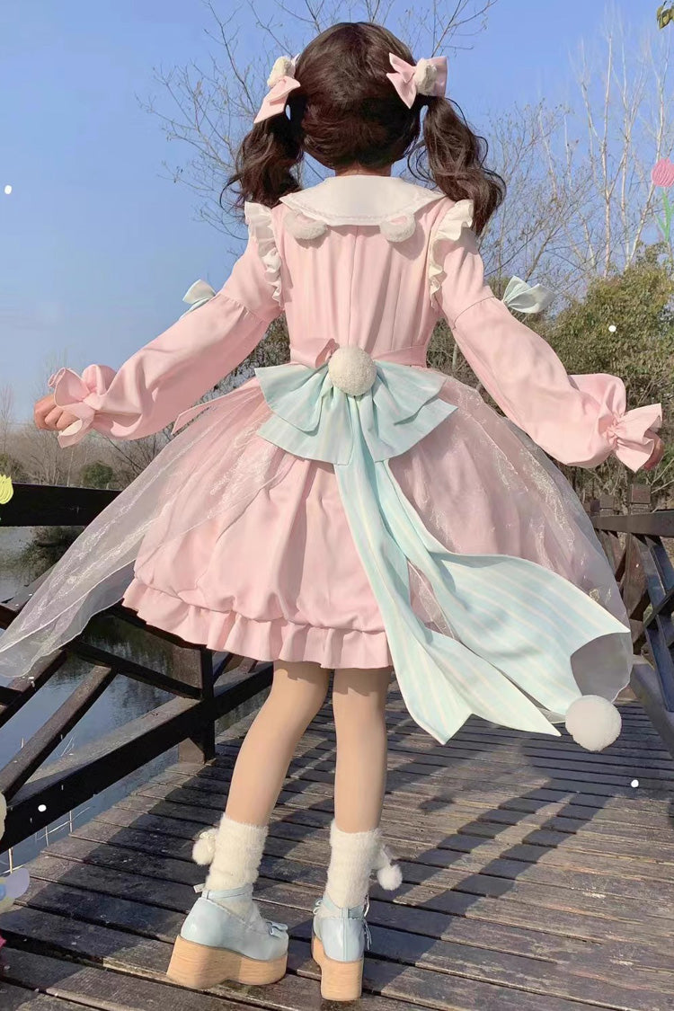 Süßes Lolita-Kleid mit langen Ärmeln und hoher Taille, Rüschen und Schleife, 3 Farben