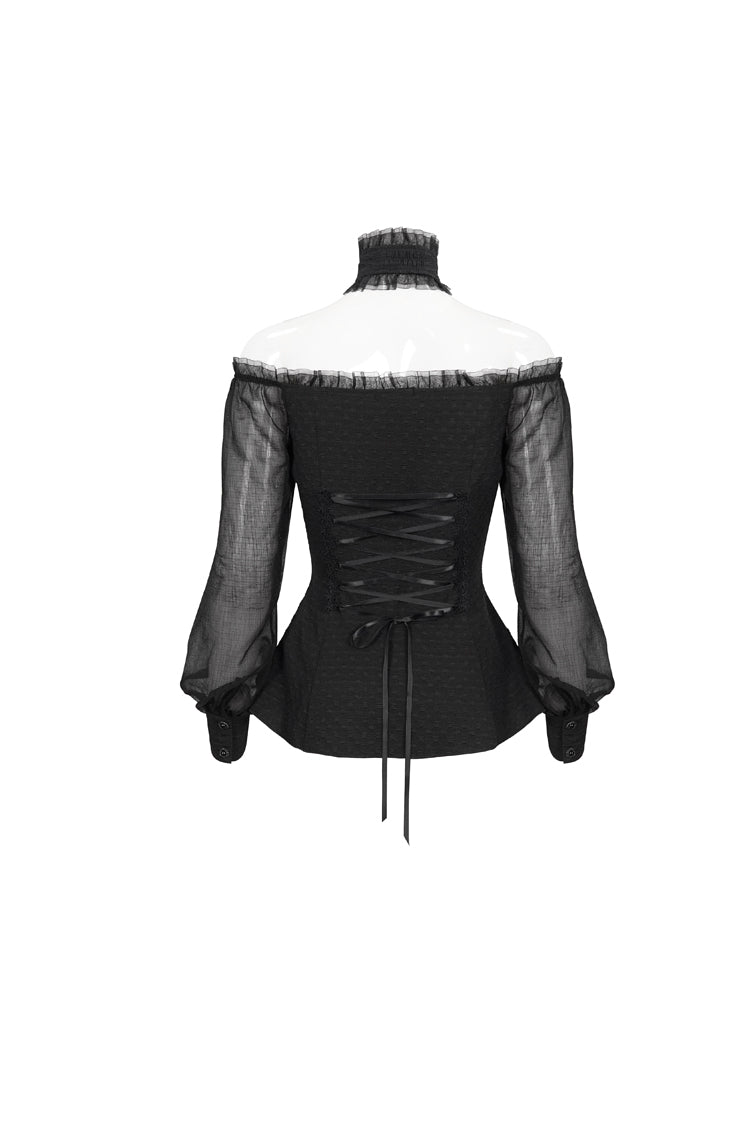 Schwarzes langärmliges Gothic-T-Shirt für Damen mit gewebtem Spitzenbesatz und verstellbarer Rückseite