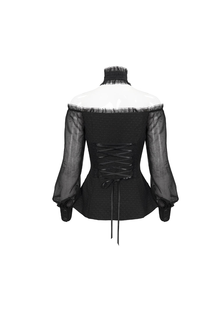 Black Long Sleeve Lace Trim Panel Woven Adjustable Back Women's Gothic T-Shirt