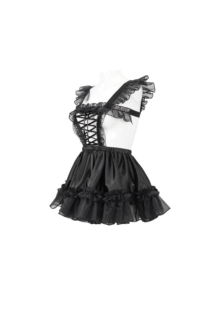 Black Glossy Sheer Ruffled Stretch Sexy Women's Gothic Maid Dress