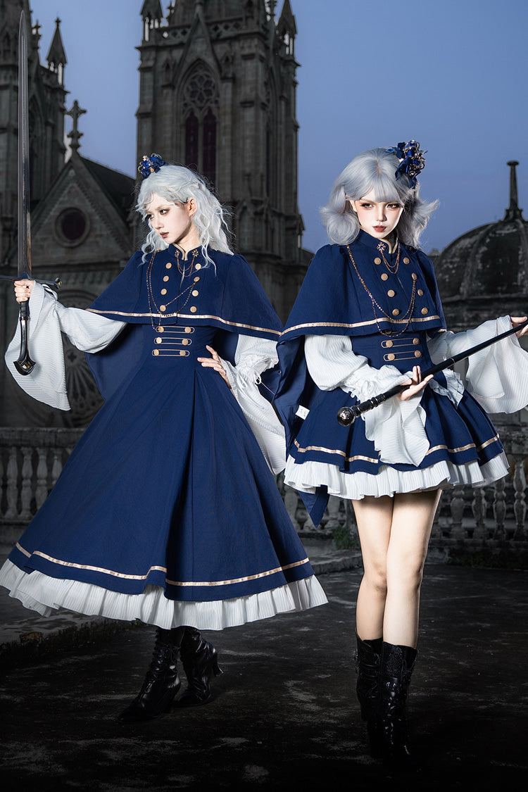 Blue [Eternal Crown] Stand Collar Long Lantern Sleeves Ruffled Color-Blocked Faux Two-Piece Classic Royal Lolita Dress 2 Versions