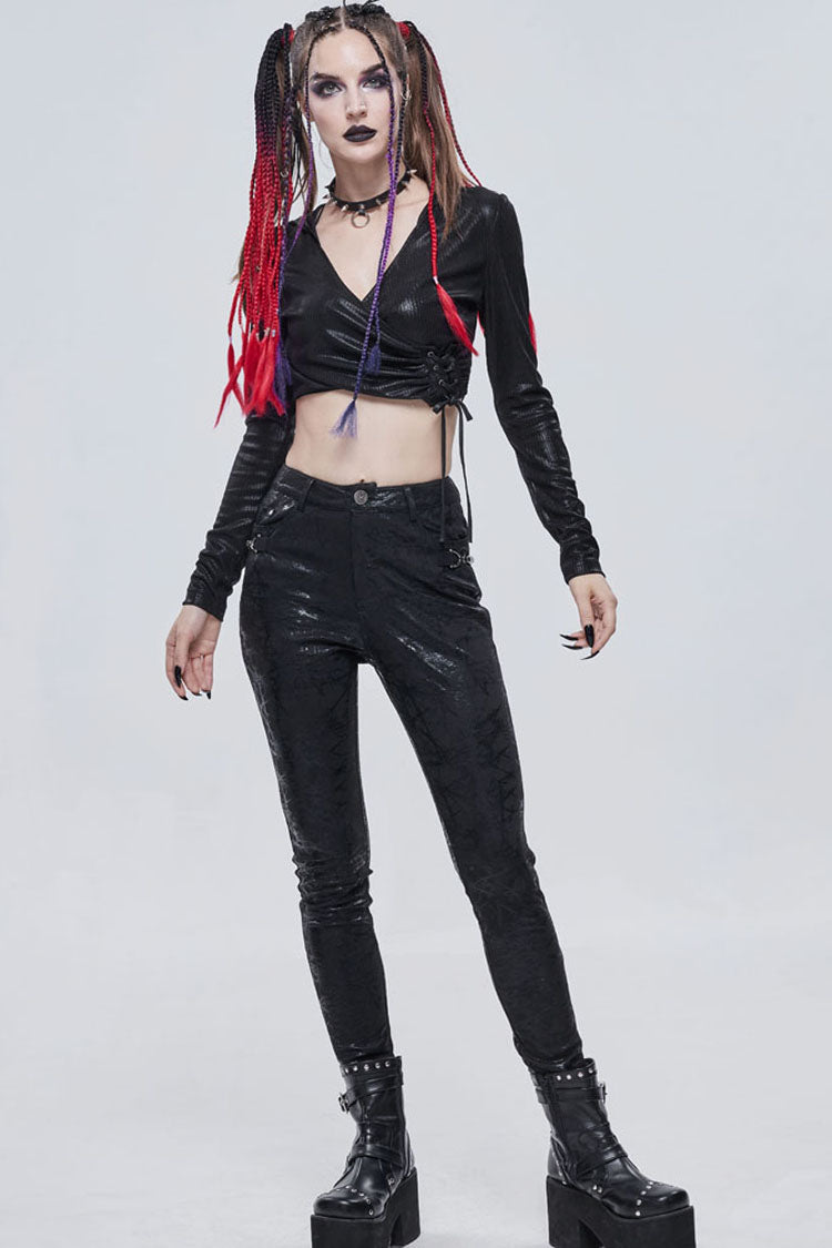 Black Punk Knitted Over Glue Metal Buckle Decoration Elasticity Leather Women's Leggings