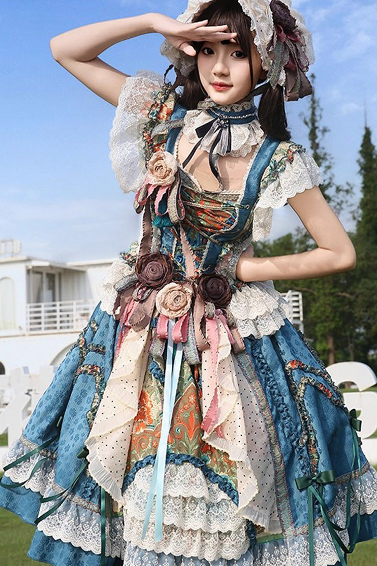 Blue [Lake Monet] Sleeveless High Waisted Print Ruffle Cardigan Bowknot Lace-Up Classic Vintage Elegant Princess Lolita Jsk Dress