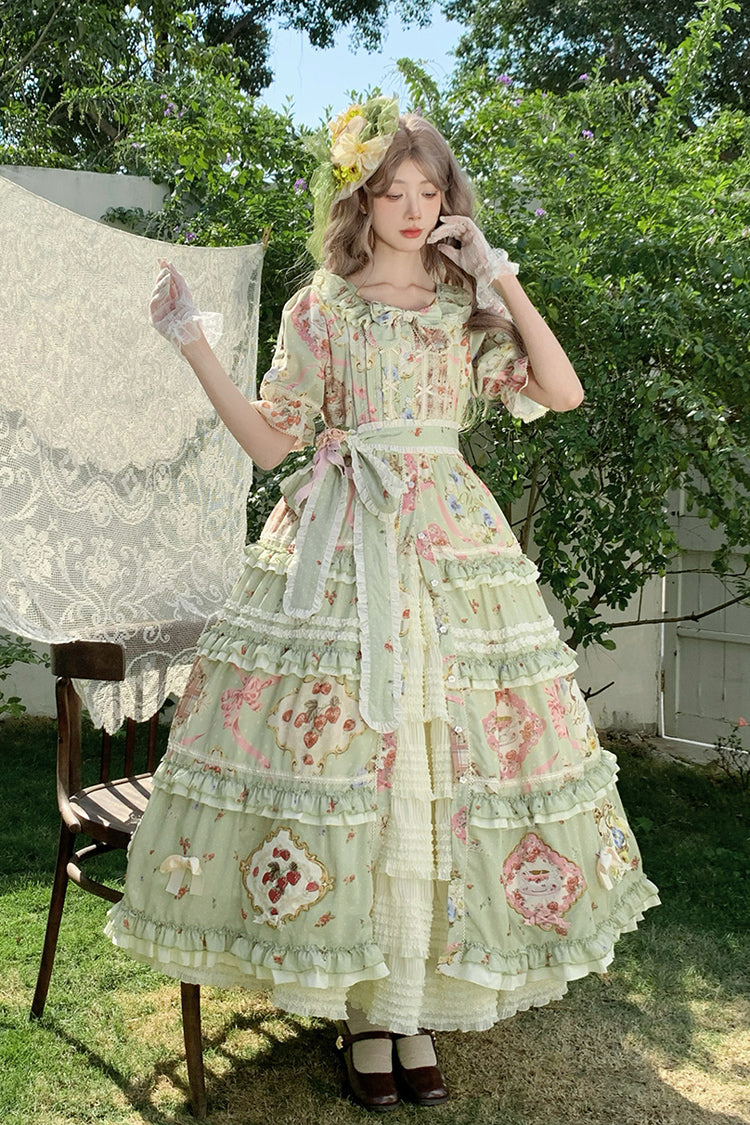 Robe Lolita douce et magnifique à manches courtes avec imprimé à volants et nœud papillon [Thé de Rose Chat Vert] 