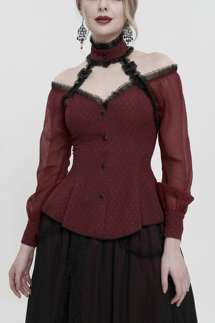 Red Lace Trim Panel Adjustable Back Long Sleeve Women's Gothic Shirt