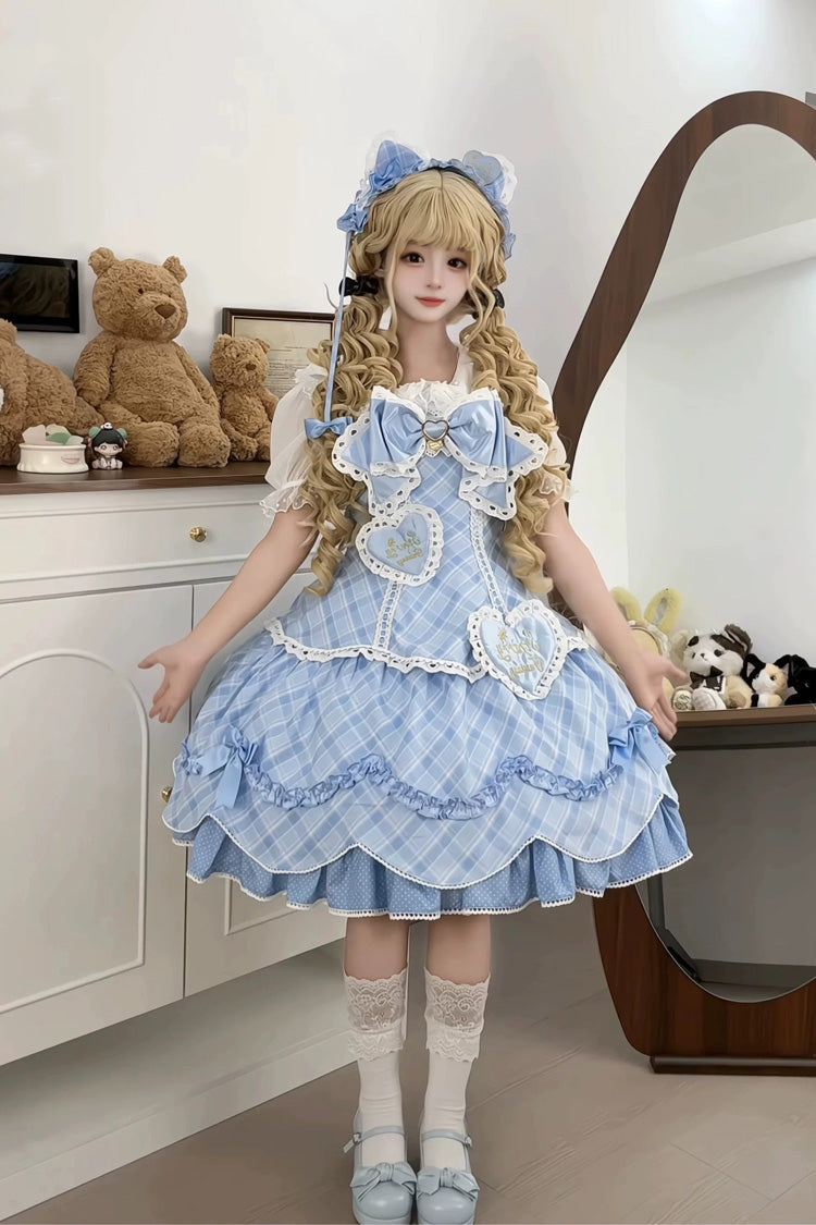 ブルー [キャンディ シュークリーム ストロベリー ケーキ] 多層プリント フリル リボン プラス サイズ スイート プリンセス ロリータ ドレス 2 バージョン