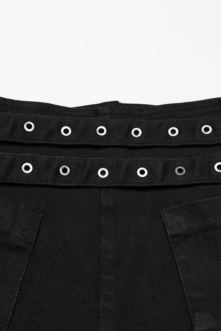 Black Lace-Up Women's Punk Denim Shorts with Detachable Pocket