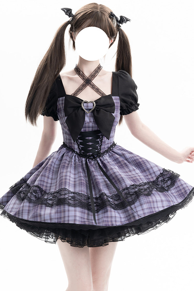 Purple [Witch Time] Short Puff Sleeves Plaid Print Bowknot Lace Sweet Lolita Dress