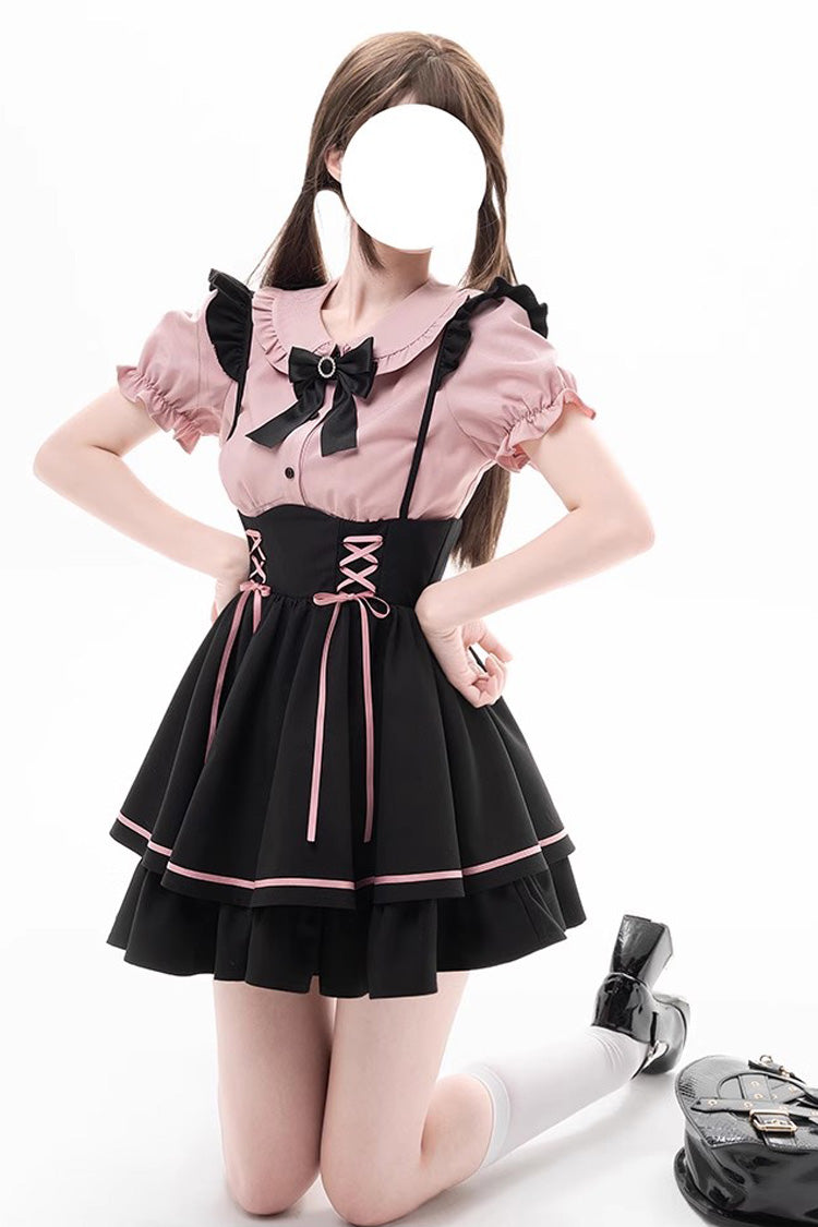 Noir/Rose Premier Sakura Manches Courtes Multi-couches Lacets Doux Jirai Kei Ensemble Japonais 